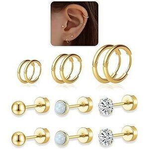 Flat Back Stud Earrings And Small Hoops Earrings Sets For Multiple Piercing For